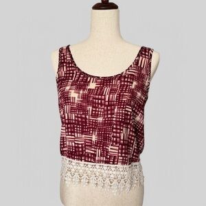 Vintage Y2K crop top Lace Hem burgundy Soprano sz S boho festival bohemian 1000